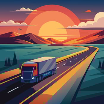 a truck driving down the road at sunset vector