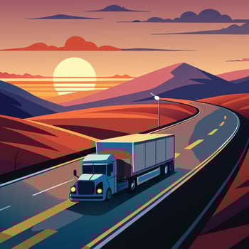 a truck driving down the road at sunset vector