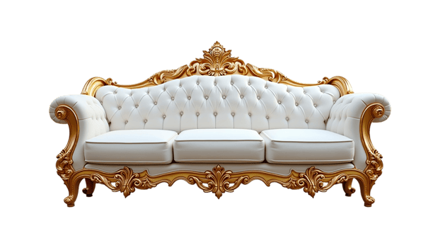 Luxurious Gold-Framed White Leather Sofa png