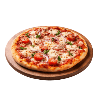 Delicious pepperoni pizza with fresh toppings on a wooden board png