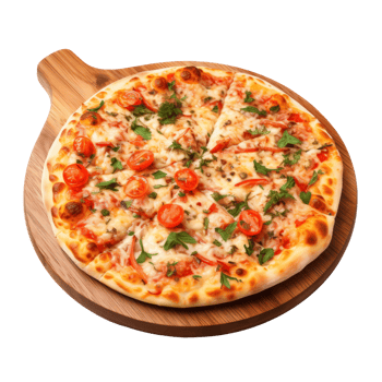Delicious freshly baked pizza with tomatoes and herbs on wooden board png
