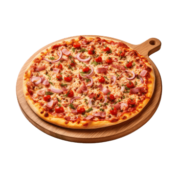 A delicious pizza topped with cheese, tomatoes, onions, and ham. png