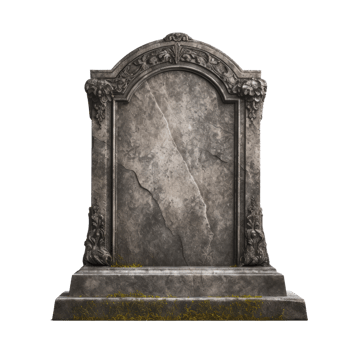 A weathered stone tombstone with ornate decorations and moss. png