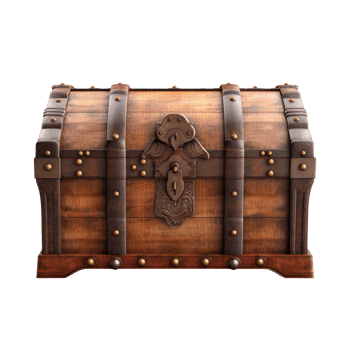 Vintage wooden treasure chest with metal accents and intricate lock design png