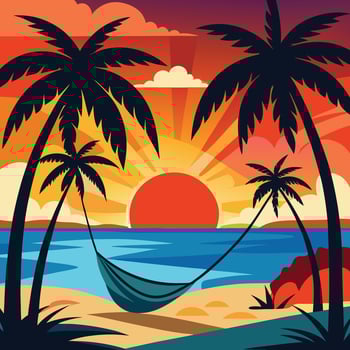 a poster with palm trees and a hammock on the beach vector