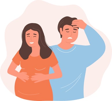 A couple with a pregnant woman, the man is not happy, in sadness. The young are expecting a child. flat graphics. vector