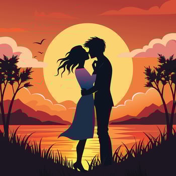 a couple kissing in front of a sunset vector