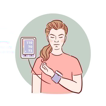 A young woman is depicted measuring her blood pressure with a wrist tonometer. The illustration captures her focused expression, highlighting the importance of health monitoring in a sketchy, artistic vector