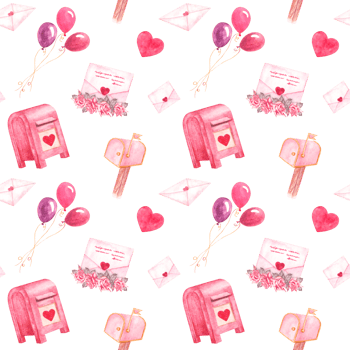 Pattern of hand-drawn watercolor illustrations on the theme of love letters, messages, confessions. Seamless texture of illustrations of mailboxes, letters and balloons. For Valentine's Day, children' png