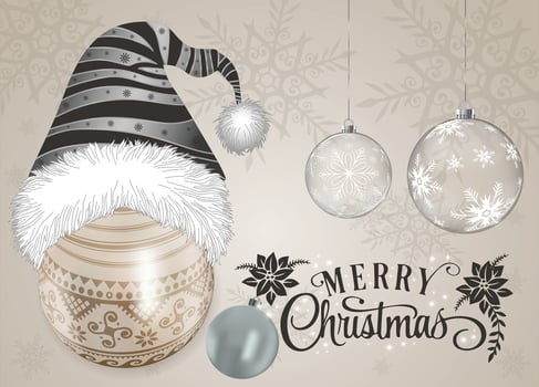 A grey holiday Santa hat draped over a Christmas ornament. vector