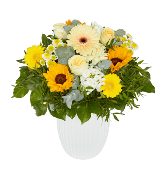 yellow flower bouquet Orange cream, white vase cut out isolated transparent background png