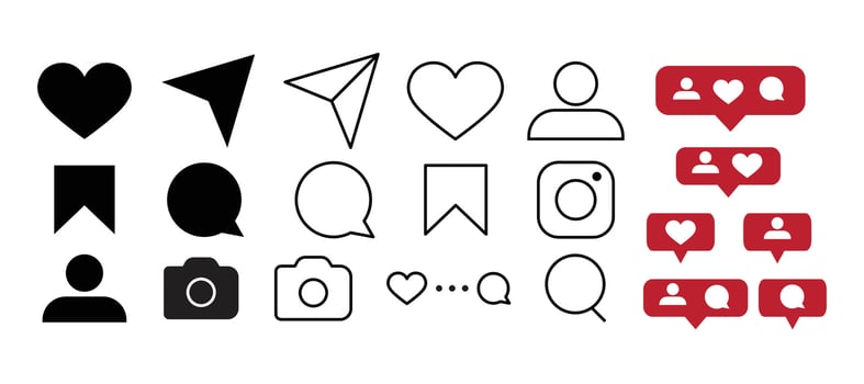 Set of like comment, follower, camera, user, share, save, like media buttons social media icons for graphic design. vector