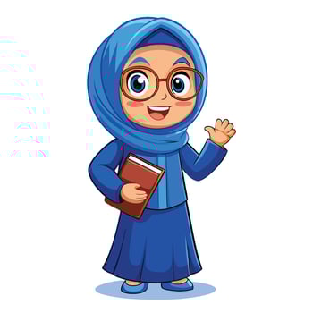muslim girl in hijab and glasses holding a book vector