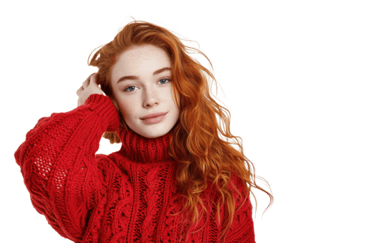 photography of attractive ginger woman wearing cozy knitted Bright red sweater, isolated on transparent background png
