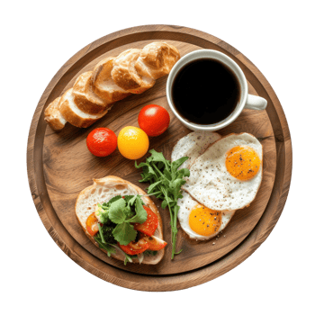 Food served on wooden plate with coffee over transparent background png