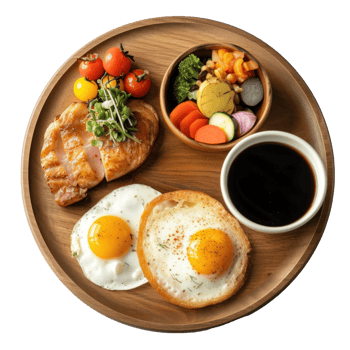 Food served on wooden plate with coffee over transparent background png