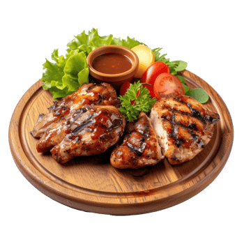 grilleda chicken with sauce on wooden plate. Simple. Detail. Isolated transparent background png