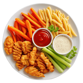 chicken tenders, french fries, penne pasta, carrots sticks, celery sticks, ranch, ketchup isolate on transparent background png