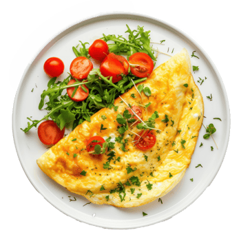 Omelette On White Plate, top view, transparent background png