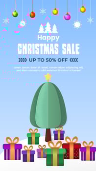 Christmas sale illustration with Christmas tree, gifts, Christmas hanging lights vector