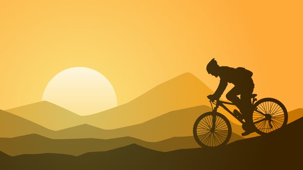 Landscape illustration of a mountain biker silhouette in the morning vector