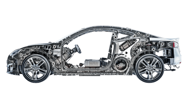 in the style of a collage, electric car made of diverse deep drawn parts in metal on transparent background png