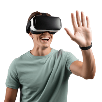 Smiling young man using virtual reality headset isolated young man, virtual reality headset glasses cutout model isolate on transparent background png