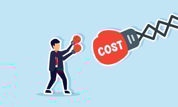 A businessman wearing boxing gloves punches a punching bag labeled COST, illustration of tackling issues with excessively high business costs vector