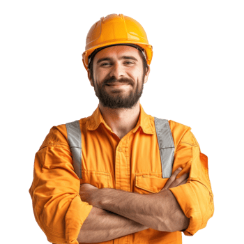 create a male engineer prompt. crossed arms and smiling isolate on tt background png