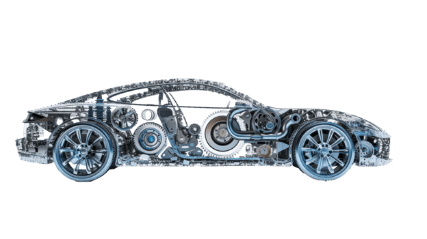in the style of a collage, electric car made of diverse deep drawn parts in metal on transparent background png