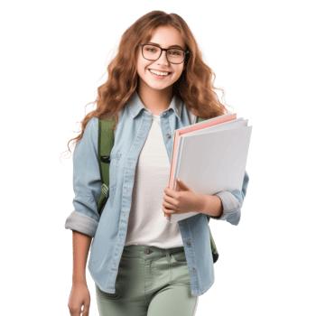 Smiling active excellent best student schoolgirl holding books and copybooks going to school wearing glasses and bag isolated in transparent background png