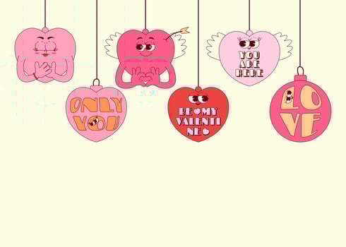 Horizontal banner with hearts characters in trendy retro groovy style. Lovely and psychedelic valentines day mascots with face, hands, cupids arrow and wings. illustration with copy space vector