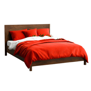 Cozy Bedroom with Bright Red Bedding and Wooden Bed Frame Design png