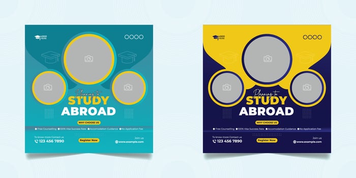 Study abroad social media post or higher education social media web banner square flyer template set. vector