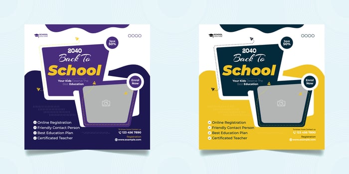 Kids school admission social media post and back to school web banner higher education square flyer study abroad poster template vector