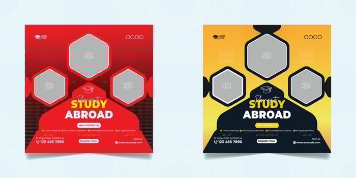 Study abroad social media post banner design, education social media post banner two design set. school admission promotion banner. school vector