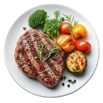 Grilled Steak with Vegetables on White Plate png