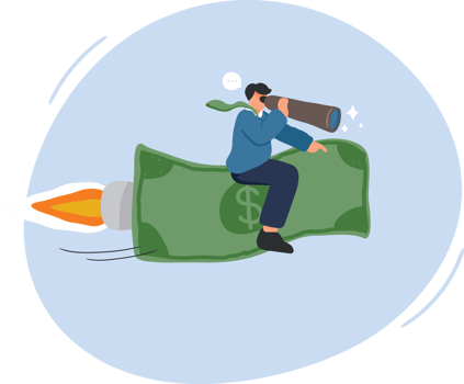 Investment Opportunity and Financial Growth Concept. A Businessman Rides a Flying Banknote Using a Telescope to Foresee Future Profits. png