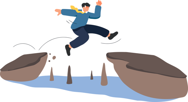 Error and 404 Man Jump Illustration. a man mid-jump over a gap between cliffs, symbolizing bravery, determination, and overcoming challenges. png