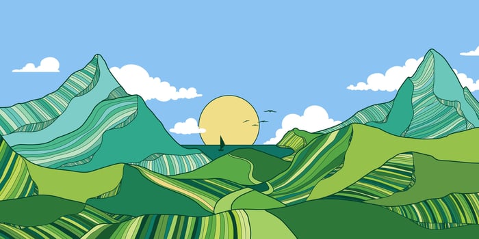Mountain Landscape with Line Art Cartoon Style. Scenic black and white landscape design for fabric, prints, and wall art. Simple line drawing of mountain. vector