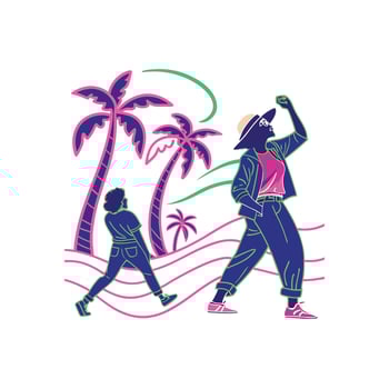 Two people are walking on the beach with palm trees vector
