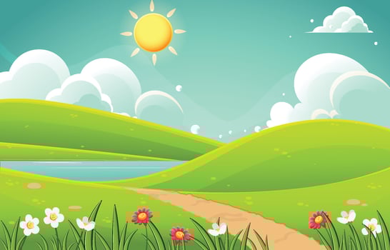 illustration of a green meadow with flowers and a blue sky vector