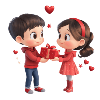 Cartoon Boy and Girl Holding a Gift Box with Hearts Around Them png