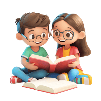 Cartoon Boy and Girl Enjoying a Book on Transparent Background png