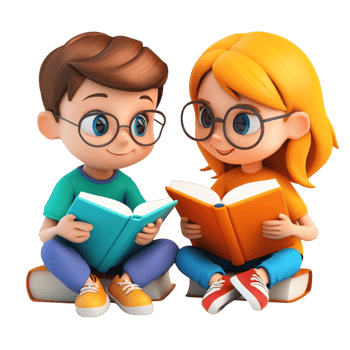 Cartoon Boy and Girl Reading Books on Transparent Background png