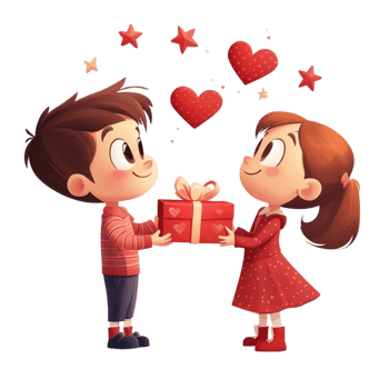 Cartoon Boy and Girl Giving Each Other a Gift on Valentine's Day png