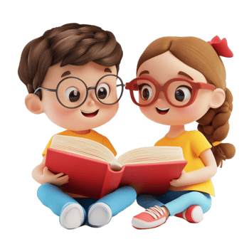 Cute Cartoon Characters Reading a Book on Transparent Background png