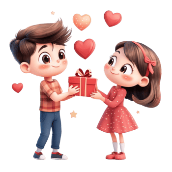 Cartoon Boy and Girl Giving Each Other Gift on Valentine's Day On Transparent Background,. png