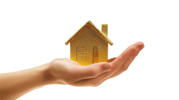 Hand holding a simple house made of gold isolated on transparent background png
