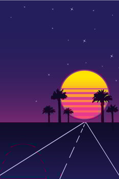 Retro futuristic vaporwave landscape with glowing sunset, palm trees, and road leading into the horizon under a starry sky. Nostalgia vertical abstract poster with copy space vector